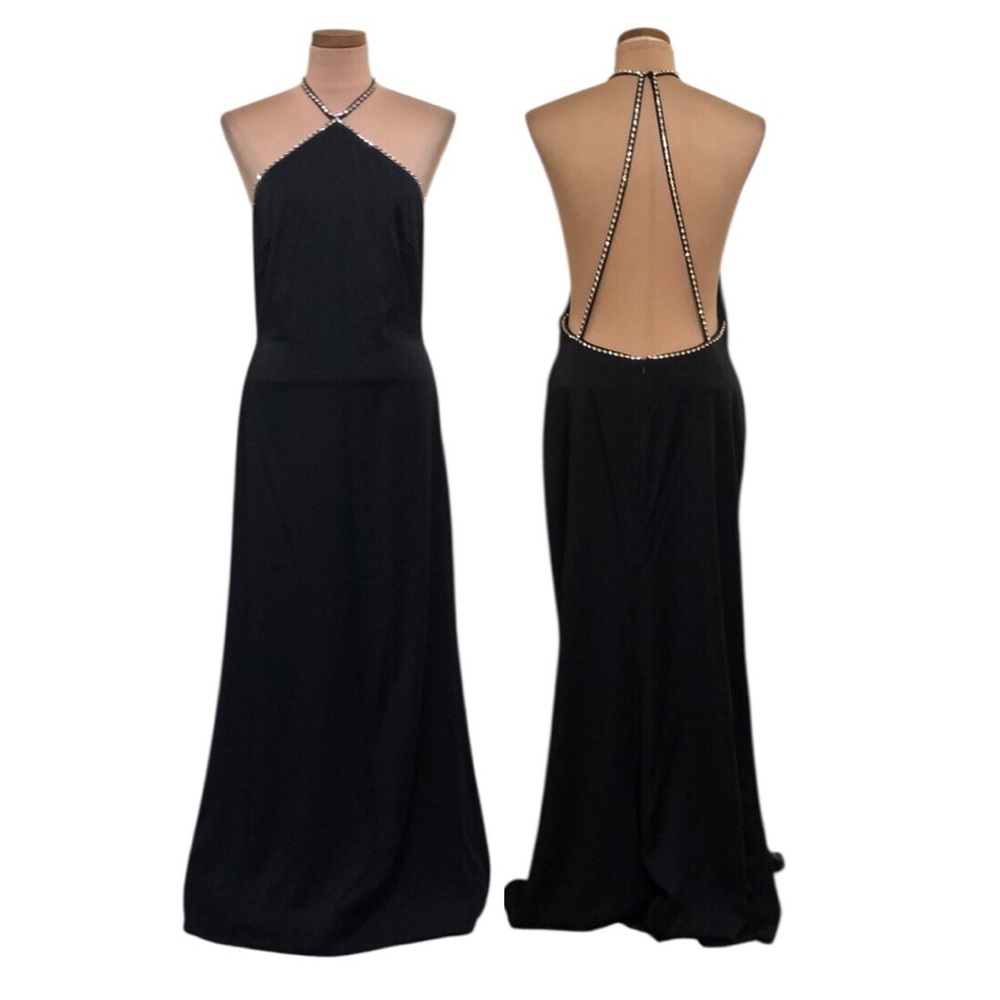 NWT IEENA Mac Duggal Maxi Dress Size 2 Black Rhinestone Backless Gown